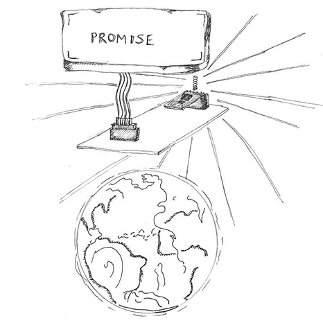 a drawing of a tablet with the word promise inscribed on it, connected to a device with a wifi aerial with transmission lines out and with the earth below