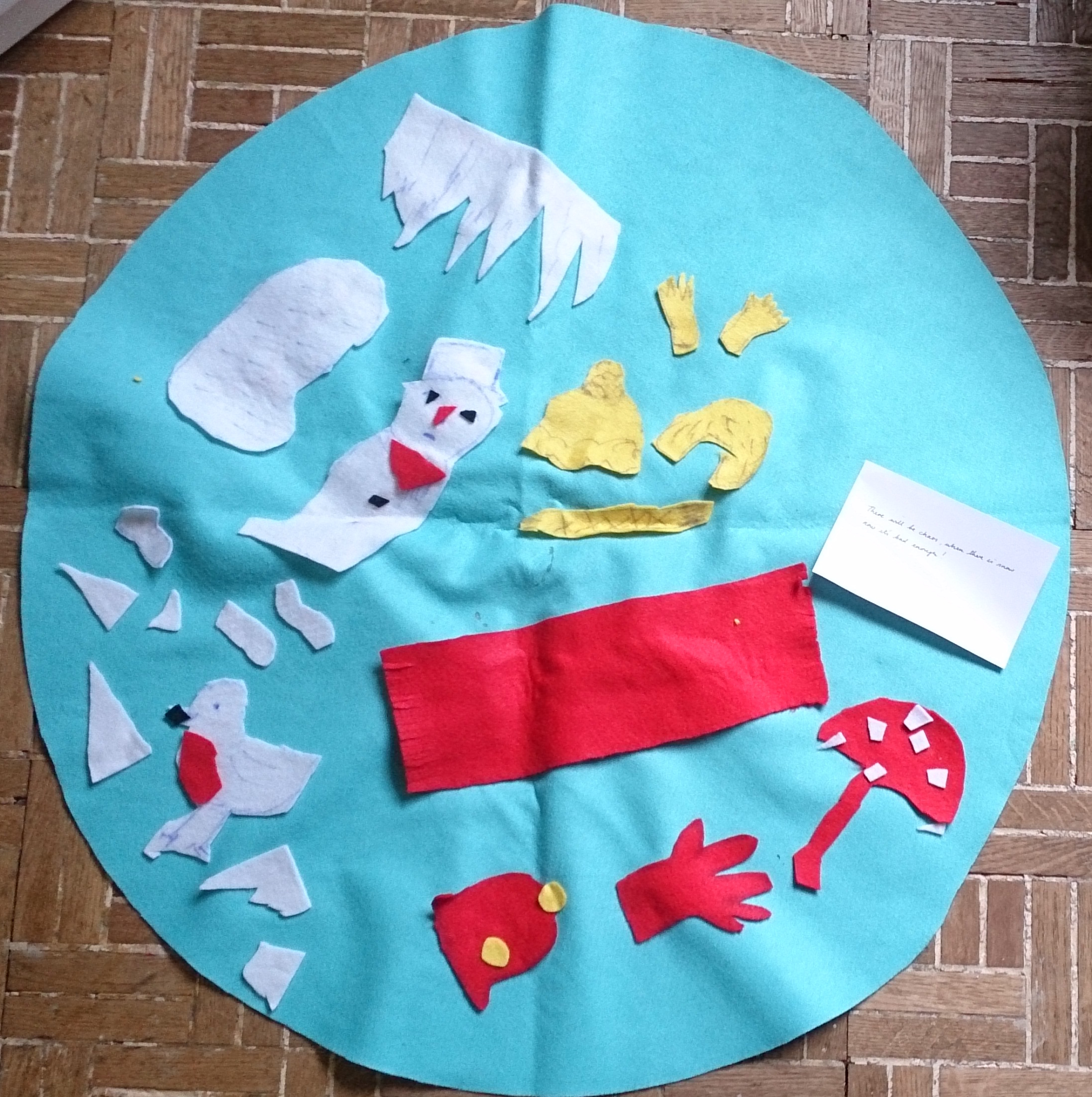 Felt data map representing cold weather scenarios with a prediction for the future attached (snow man, gloves, umbrella, hats, ice and Robin redbreast made from felt)