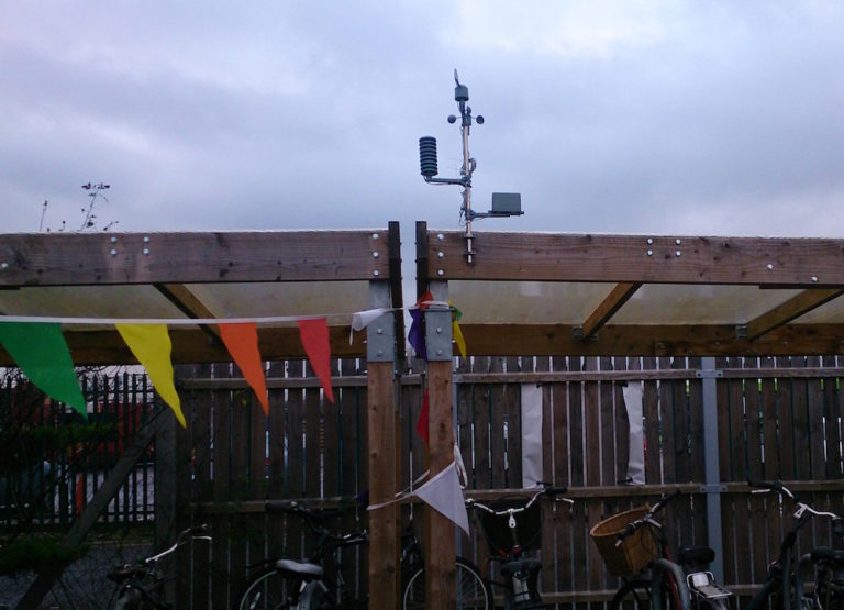 the weather station for The Prediction Machine installed at Outspoken Delivery in Cambridge above their bike stands