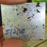 zinc tab with dates in blue marker pen, covered in mud